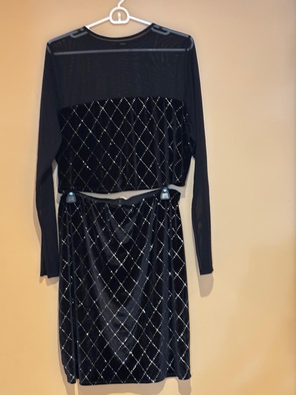 Fashion Nova Black Velvet Sparkly 2 Piece Set with Silver Diamond Pattern